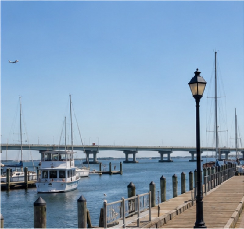 Boats at a pier on the James River in Newport News, Virginia