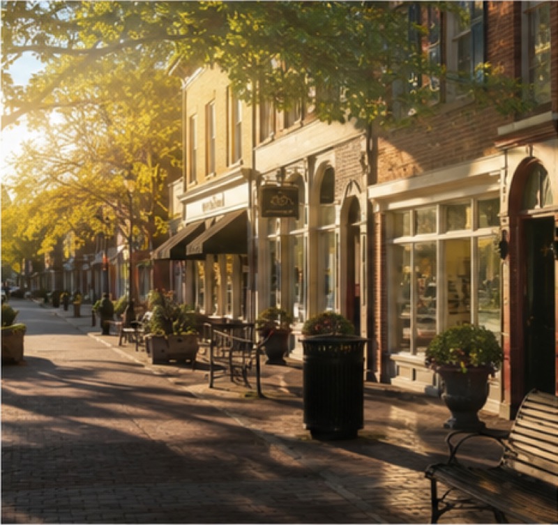 Small town storefronts on a brick sidewalk near Poquoson, Virginia