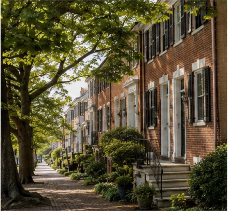 Historic brick row houses on a tree shaded street in Williamsburg, Virginia
