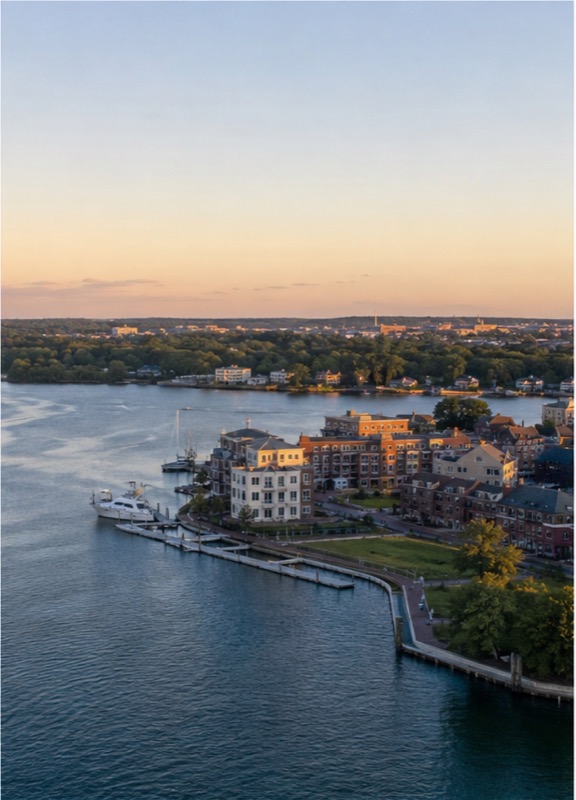 Waterfront homes and marina along the York River in Yorktown, Virginia