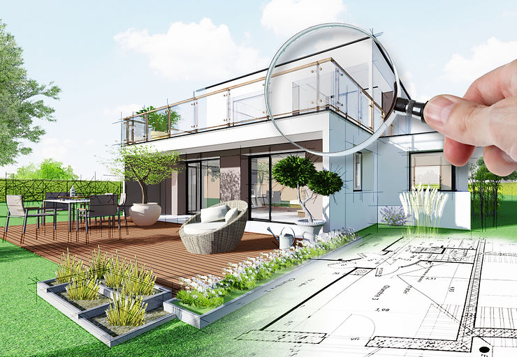 Magnifying glass over a home that blends from finished house into blueprint
