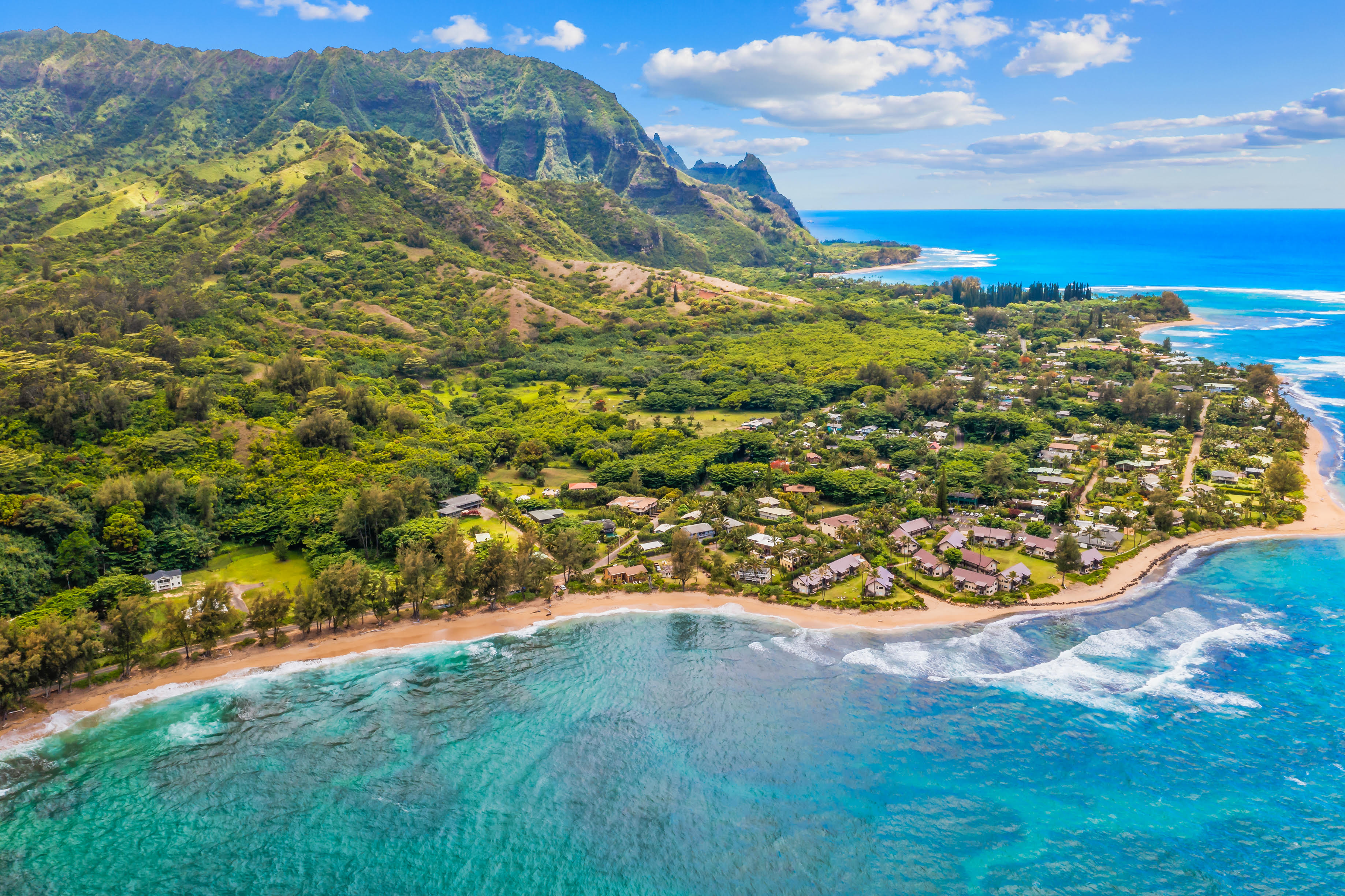 Aerial view of Kauai North Shore coastline home
