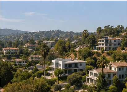 Hollywood Hills homes on a wooded hillside