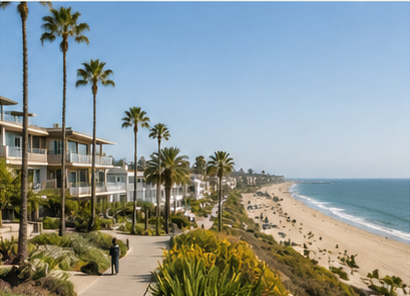 Long Beach coastline with palm trees