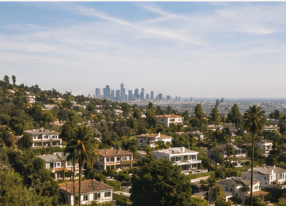 Los Feliz hillside homes with downtown Los Angeles skyline