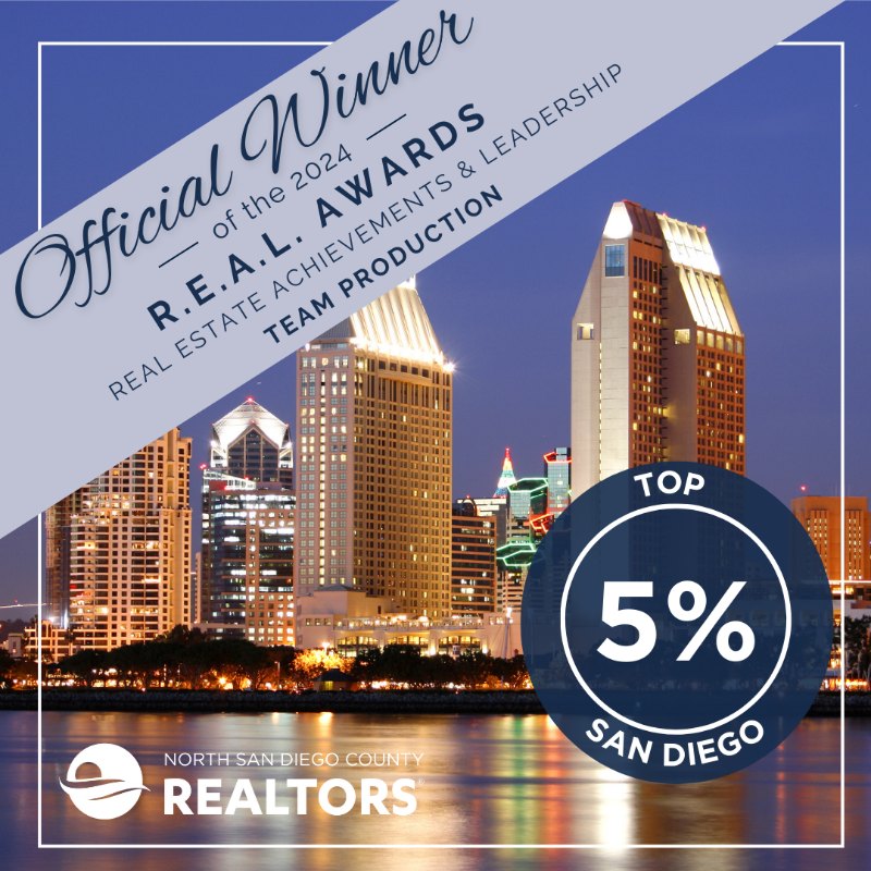 Official Winner of the 2024 R.E.A.L. Awards, Team Production, Top 5% San Diego