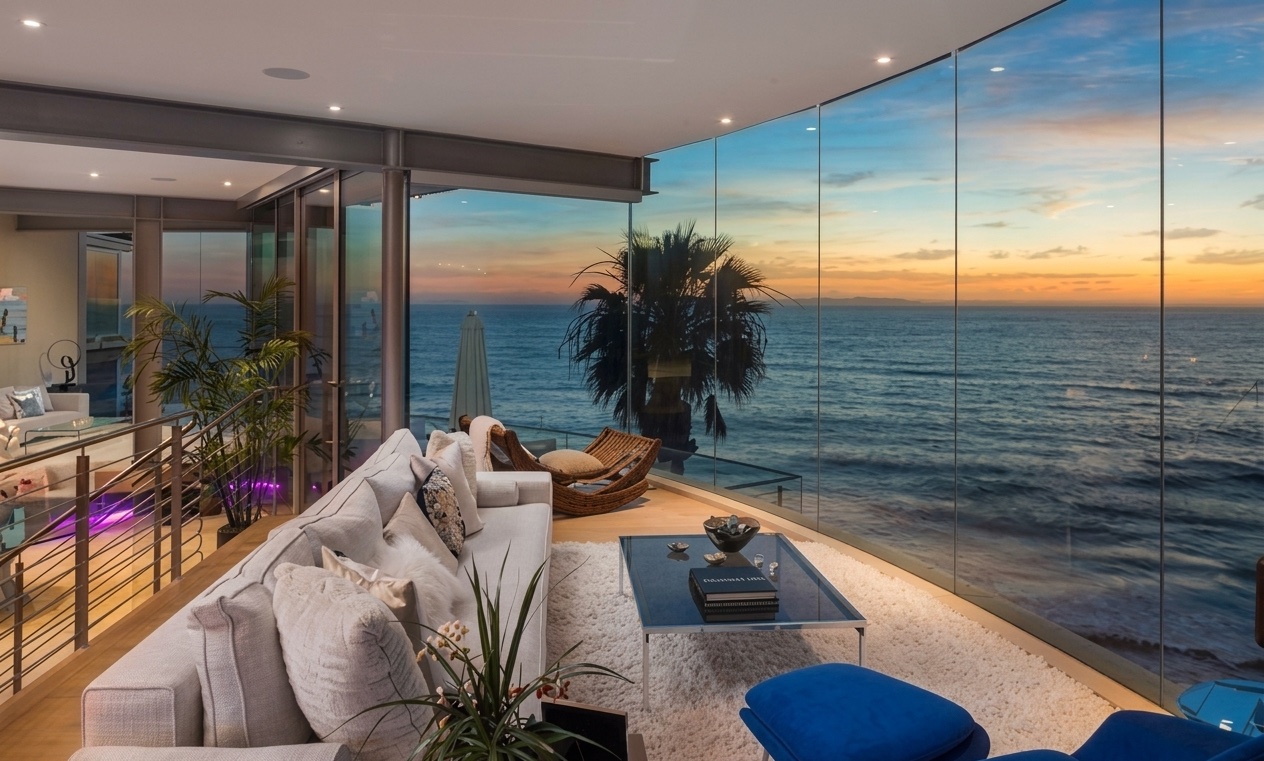 Luxury oceanfront living room with floor-to-ceiling glass overlooking the Pacific at sunset in South Orange County