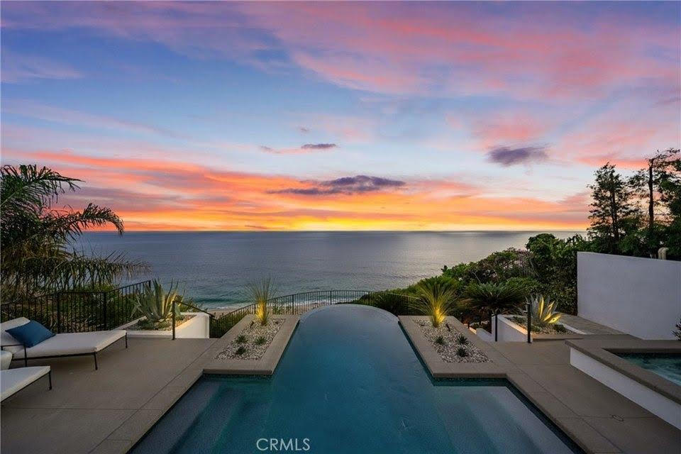 Oceanfront infinity pool overlooking the Pacific at sunset in South Orange County