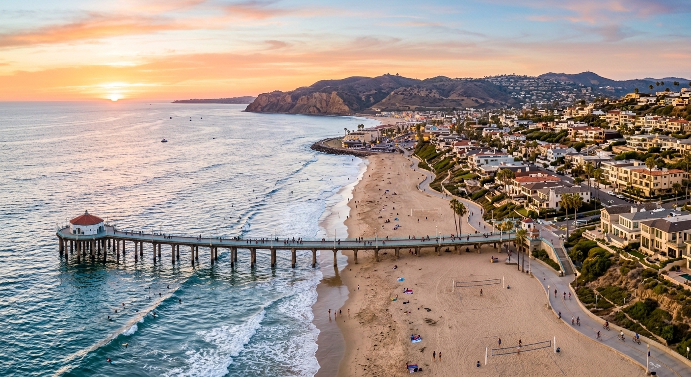 Aerial view of the Manhattan Beach pier and South Bay coastline at sunset