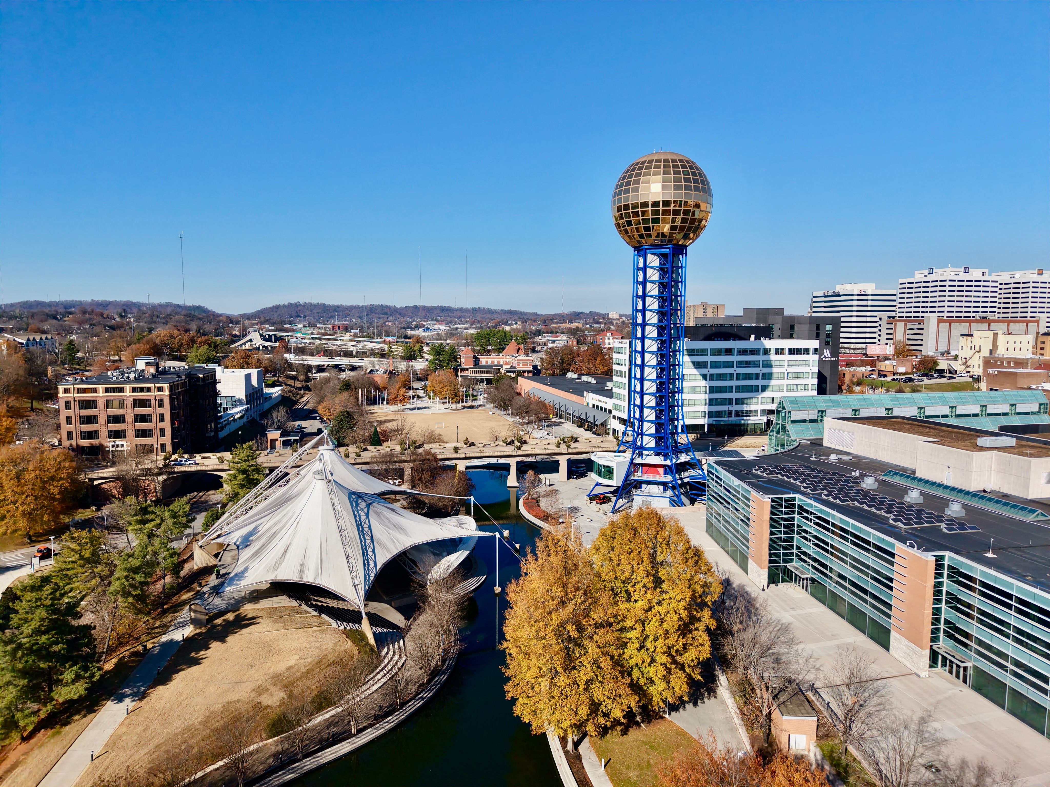 Aerial view of downtown Knoxville with the Sunsphere
